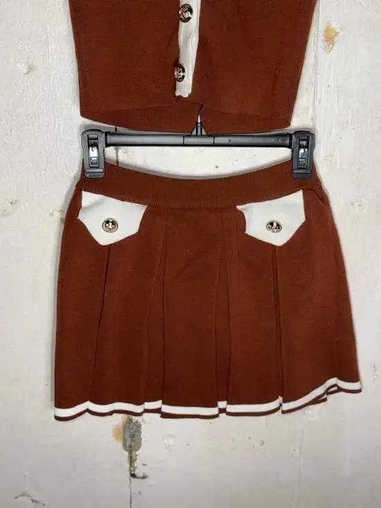 Daisy Two-Piece Knit Skirt Set Brown with White Contrast Trim and Gold Buttons - Picture 4 of 7
